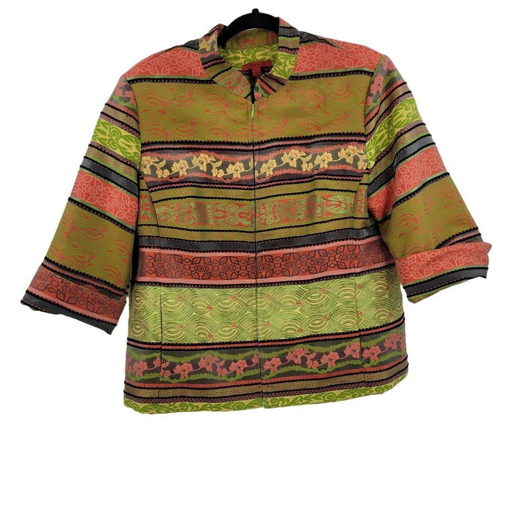 Joni B Band Zip Blazer XL Lime Green Coral Embroidered Jacquard‎ Patchwork